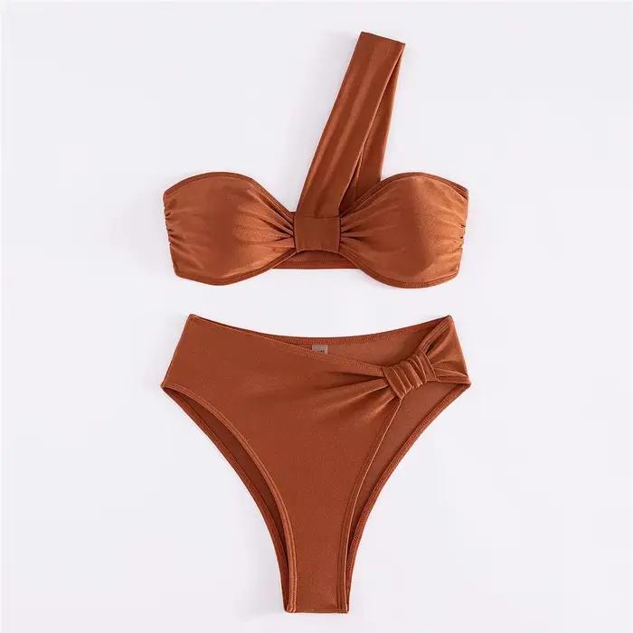 Marron une épaule Bikini taille haute Sexy maillot De bain femmes 2026 maillots De bain unis maillot De bain Bandeau Bikinis ensembles De Mujer Biquini