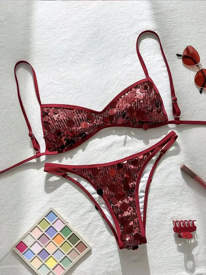Maillot de bain femme deux pièces, ensemble bikini échancré, maillot de bain tendance, paillettes scintillantes, bikini dos nu