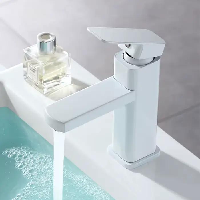 RETHME robinet de lavabo de salle de bains blanc, robinet de lavabo carré, eau chaude et froide, robinet d'eau mixte, robinet de vanité, robinet de lavabo monté sur le pont