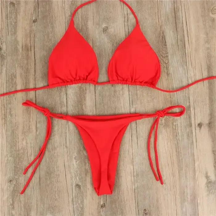 Femmes string Bikini ensemble côté cravate Sexy maillot de bain Style bandeau maillot de bain brésilien Bikini 2022 femme couleur unie maillot de plage