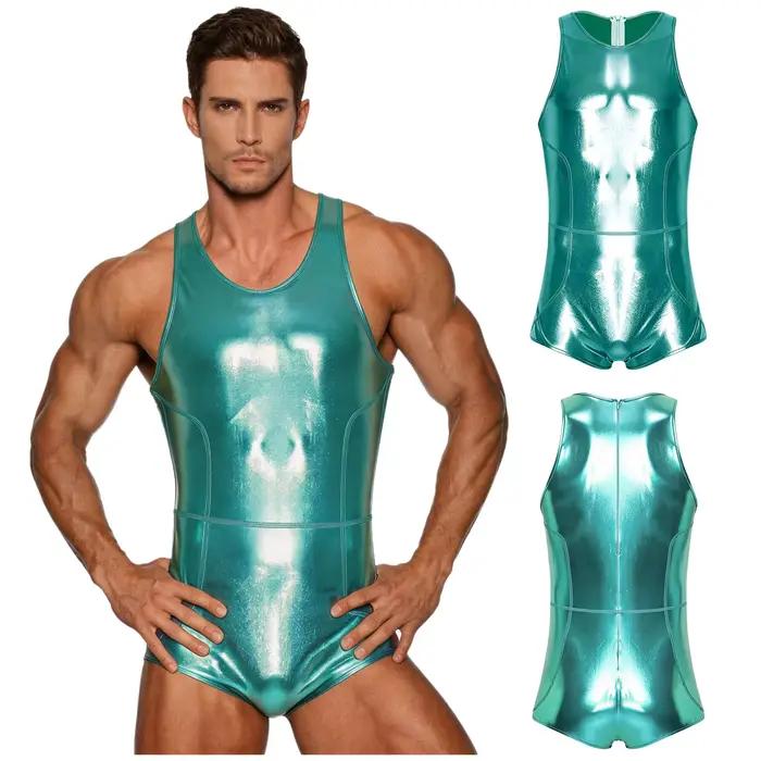Maillot de bain une pièce pour homme, effet métallisé brillant, style short, sans manches, avec fermeture éclair au dos, pour la natation et les tenues de club