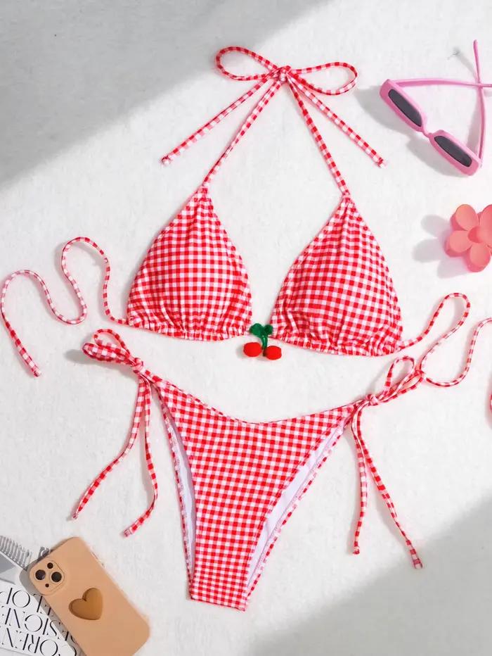 Maillot de bain sexy pour femmes, micro bikini, rouge, vichy, string, culotte tanga, ensemble deux pièces, vêtements de plage, 2024