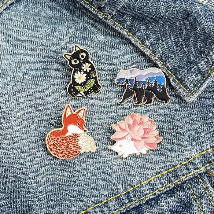 Paysage fleur tatouage animaux émail broche hérisson renard ours chat revers Badges dessin animé broches cadeaux pour amis bijoux en gros