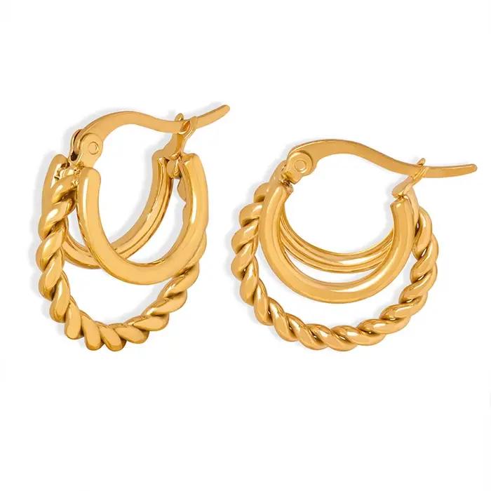 Boucles d'oreilles créoles anti-allergie pour femmes, doubles couches, bijoux torsadés, cadeaux de fête, documents en or, carillon élégant, simple