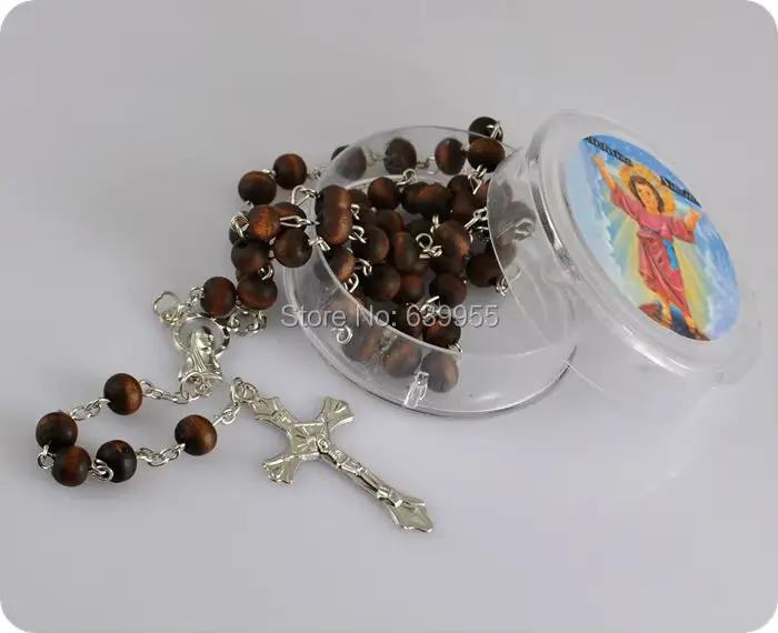 Perles de chapelet en bois parfumées à la rose, pendentif croix INRI JESUS, bijoux religieux catholiques à la mode