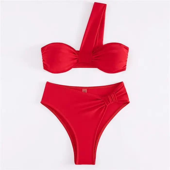Marron une épaule Bikini taille haute Sexy maillot De bain femmes 2026 maillots De bain unis maillot De bain Bandeau Bikinis ensembles De Mujer Biquini