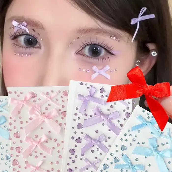 Autocollants de tatouage en diamant 3D, bijoux pour le visage, nœud de ruban doux, cristal scintillant, auto-adhésif, décoration de maquillage pour le visage et le corps