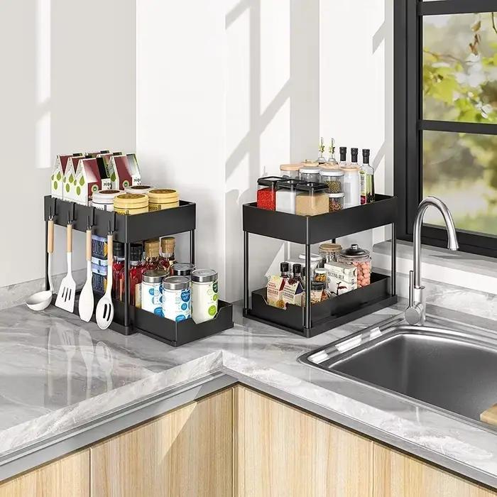 Organisateurs et rangement sous évier à 2 niveaux, organisateurs coulissants en forme de L sous salle de bain, armoires de cuisine, organisateur d'évier à espace étroit