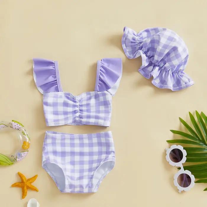 Enfants 3 pièces maillots de bain bébé fille Bikini maillot de bain infantile maillot de bain décontracté nouveau-né maillots de bain Plaid mouche manches débardeurs Shorts