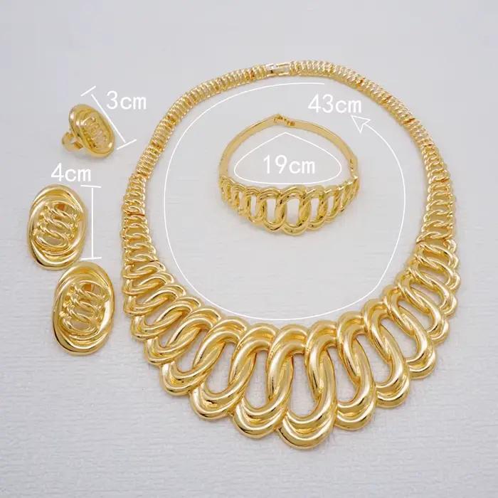Ensemble de bijoux plaqué or de Dubaï pour femme, grand collier de luxe, boucles d'oreilles originales, bague et bracelet, olympiques de mariage