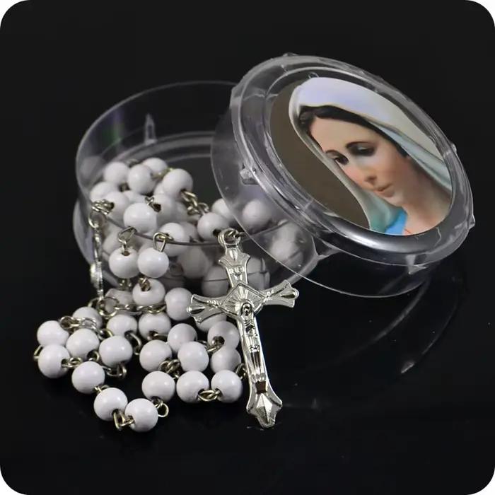 Perles de chapelet en bois parfumées à la rose, pendentif croix INRI JESUS, bijoux religieux catholiques à la mode