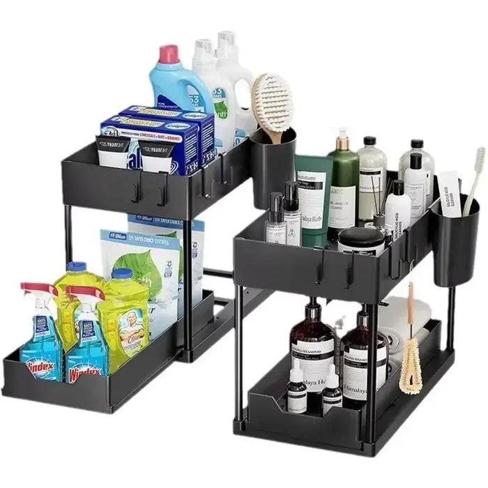 Organisateurs et rangement sous évier à 2 niveaux, organisateurs coulissants en forme de L sous salle de bain, armoires de cuisine, organisateur d'évier à espace étroit