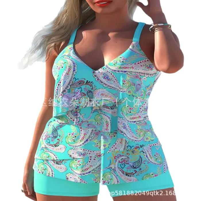 Tankini femme avec short, haut sans manches à col en V, bleu uni, maillot de bain deux pièces taille haute
