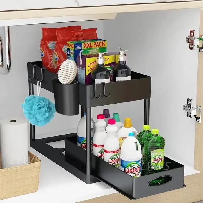 Organisateur sous évier pour cuisine et salle de bain, panier de rangement coulissant à 2 niveaux, étagère polyvalente avec accessoires de suspension pour tasses et crochets