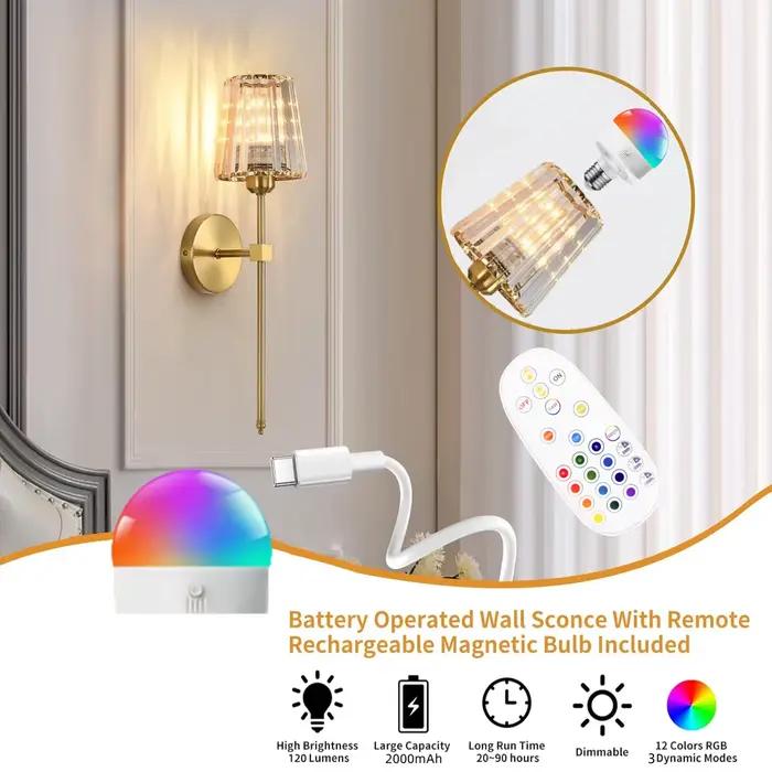 Applique murale sans fil à piles, applique murale sans fil avec ampoule à chargement USB, applique murale à intensité variable 15 couleurs avec télécommande, adaptée pour chambre à coucher, salon, cou