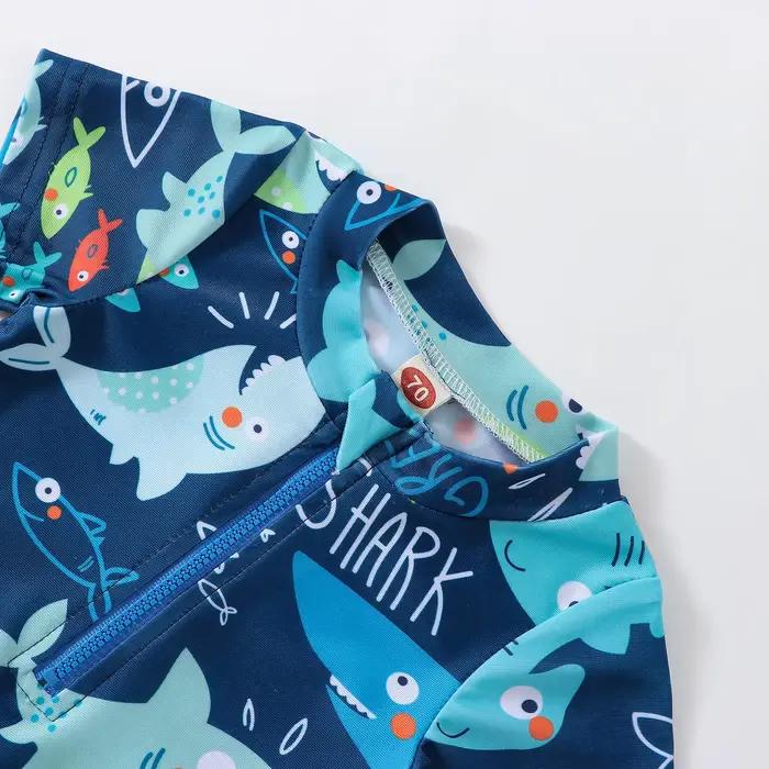 Maillot de bain à manches courtes pour bébé garçon, imprimé requin, avec fermeture éclair, pour l'été