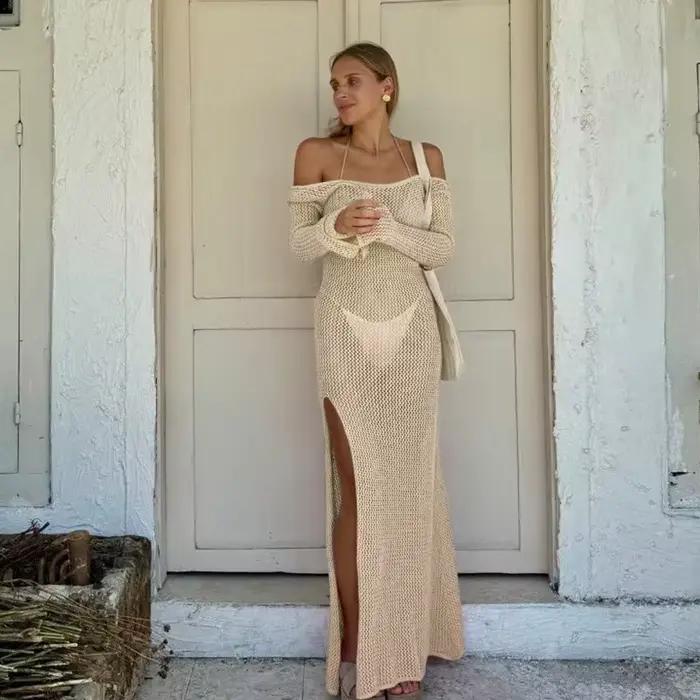 Robe de plage cache-maillot de bain, nouvelle collection été 2026, couleur unie, sexy, tricotée avec fentes irrégulières et dos nu