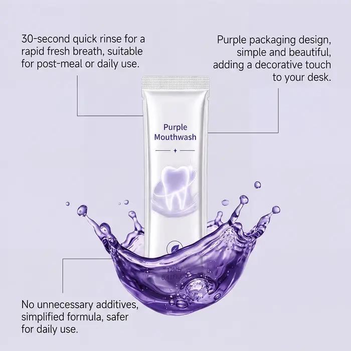 Sachets de bain de bouche violets de 12 ml sans alcool, menthe fraîche, pour voyage, rafraîchissement de l'haleine, nettoyant buccal jetable
