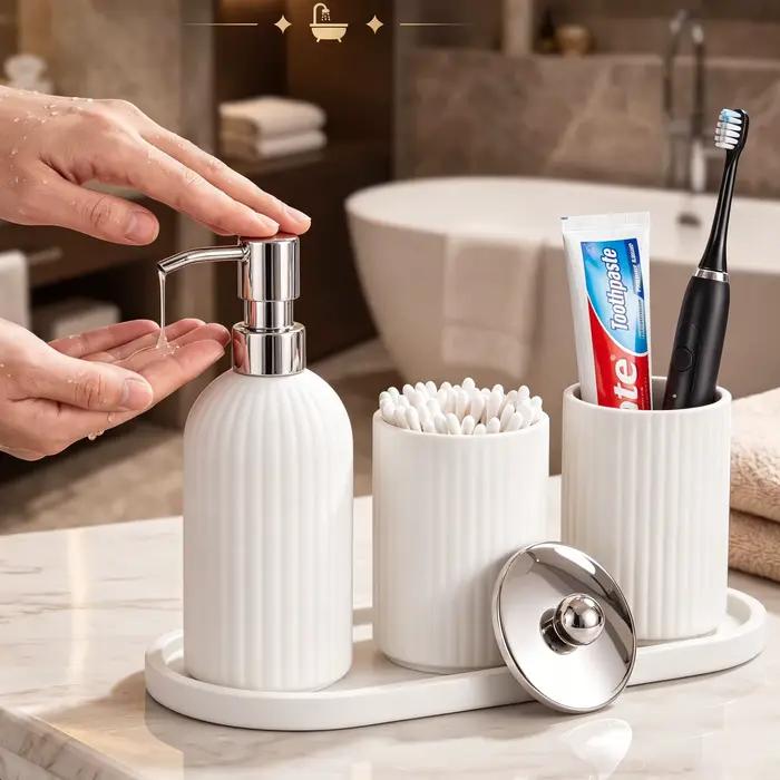 Ensemble d'accessoires de salle de bain mats, organisateur de style farmhouse avec distributeur de savon, pot à coton-tiges, porte-brosse à dents et plateau pour lavabo