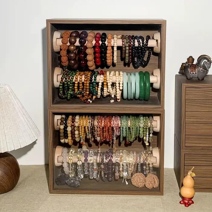 1 pièce : Meuble de rangement rétro double couche en bois massif pour bracelets, présentoir de bureau anti-poussière pour bijoux, bracelets Wenwan et en cristal