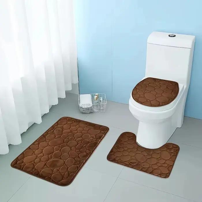 Ensemble de 3 tapis de salle de bain absorbants et antidérapants, couleur unie, motif pierre, confortables et doux, ensemble trois pièces