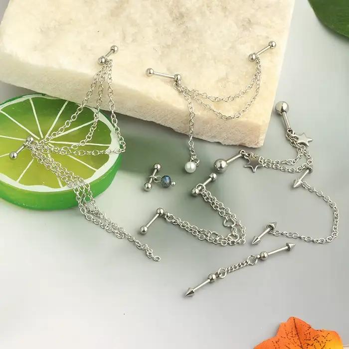 Boucles d'oreilles en chaîne de perçage industrielle pour femmes, couleur argent, mode oreille Cartilage Helix haltère en acier chirurgical, bijoux cadeaux, nouvelle collection