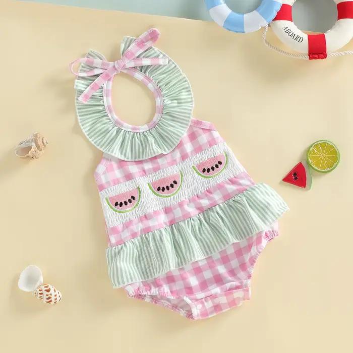 0-24M nouveau-né bébé fille maillot de bain Plaid pastèque brodé cravate sans manches à volants maillot de bain maillots de bain décontractés