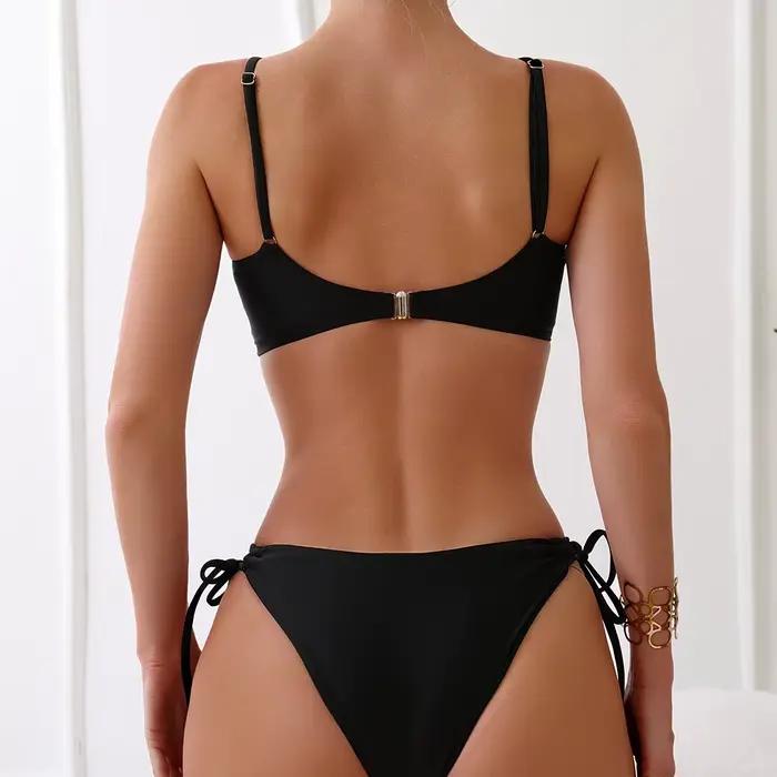 Maillot de bain noir deux pièces pour femmes, bikini string, taille haute, baigneur, baigneur, baigneur, ensemble, 2024