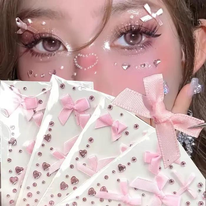 Autocollants de tatouage en diamant 3D, bijoux pour le visage, nœud de ruban doux, cristal scintillant, auto-adhésif, décoration de maquillage pour le visage et le corps