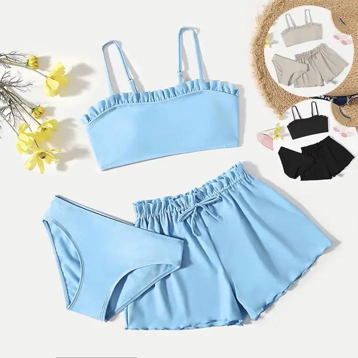 Maillot de bain pour filles 2026, ensemble 3 pièces pour adolescentes, maillot de bain uni à volants, ensemble bikini, tenue de plage d'été 10-16 ans