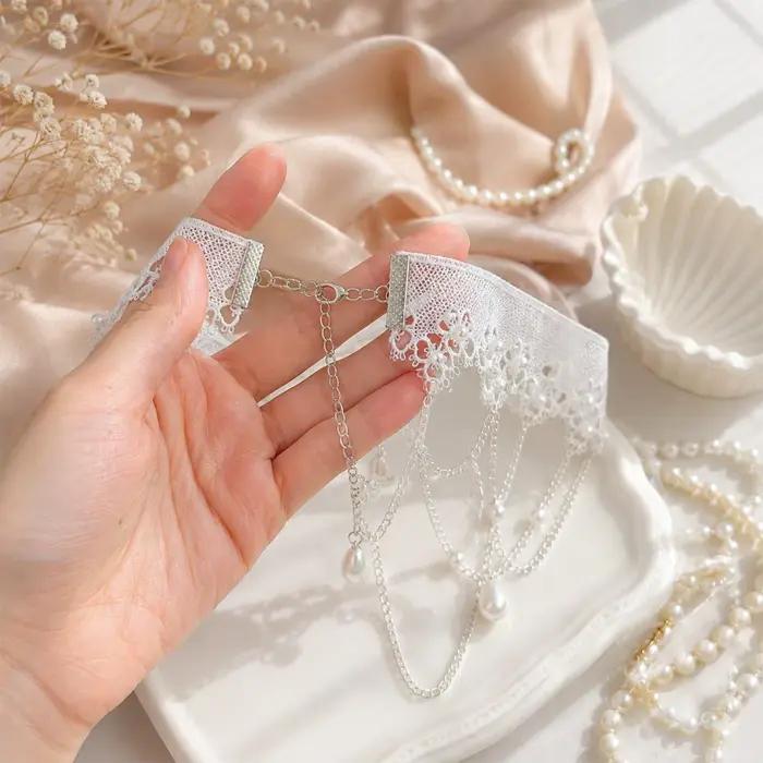 Nouveaux colliers ras-du-cou en dentelle blanche imitation perle pour femmes, collier ras-du-cou avec pendentif en dentelle à pampilles style tatouage, bijoux de mariée