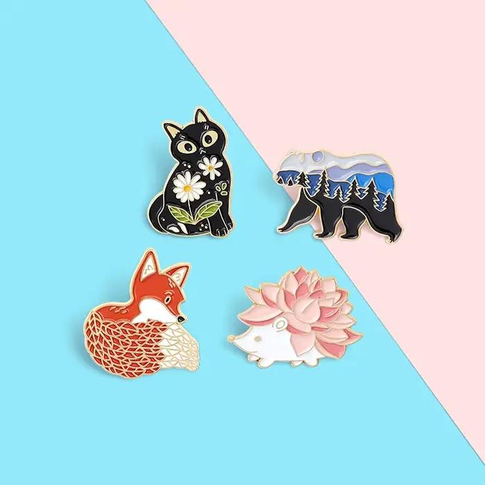 Paysage fleur tatouage animaux émail broche hérisson renard ours chat revers Badges dessin animé broches cadeaux pour amis bijoux en gros