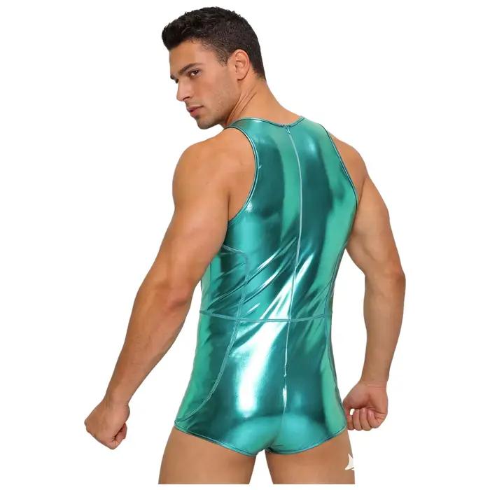 Maillot de bain une pièce pour homme, effet métallisé brillant, style short, sans manches, avec fermeture éclair au dos, pour la natation et les tenues de club