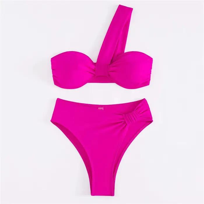 Marron une épaule Bikini taille haute Sexy maillot De bain femmes 2026 maillots De bain unis maillot De bain Bandeau Bikinis ensembles De Mujer Biquini