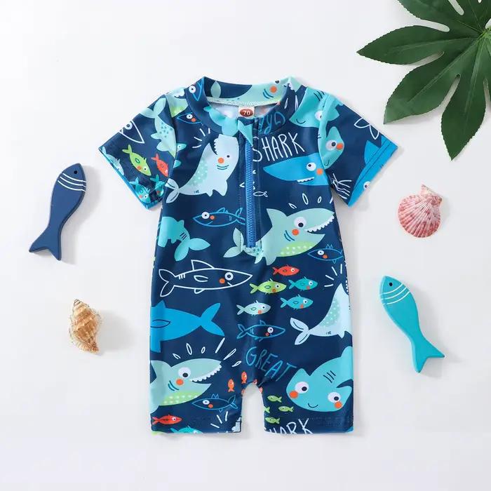 Maillot de bain à manches courtes pour bébé garçon, imprimé requin, avec fermeture éclair, pour l'été