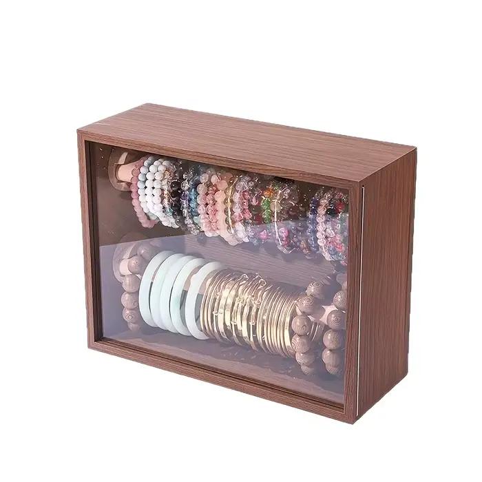 1 pièce : Meuble de rangement rétro double couche en bois massif pour bracelets, présentoir de bureau anti-poussière pour bijoux, bracelets Wenwan et en cristal