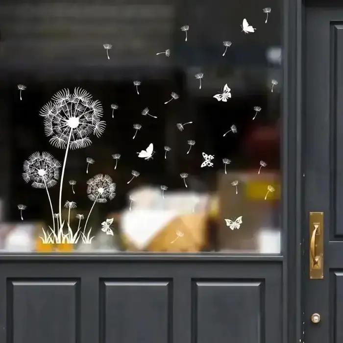 Nouveau papier peint de décoration de noël pour la maison, autocollant mural électrostatique blanc pissenlit papillon, fenêtre en verre, décalcomanies à motif Double face