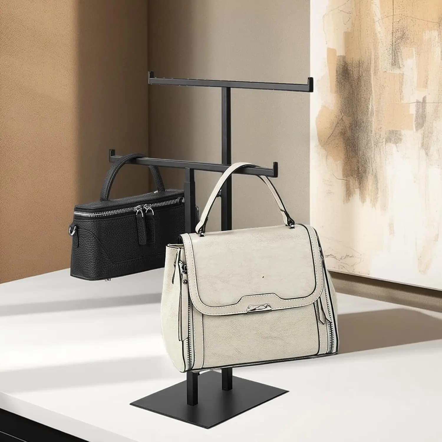 Présentoir à sacs à main et bijoux, tour à bijoux noire en acier inoxydable en forme de double T, su