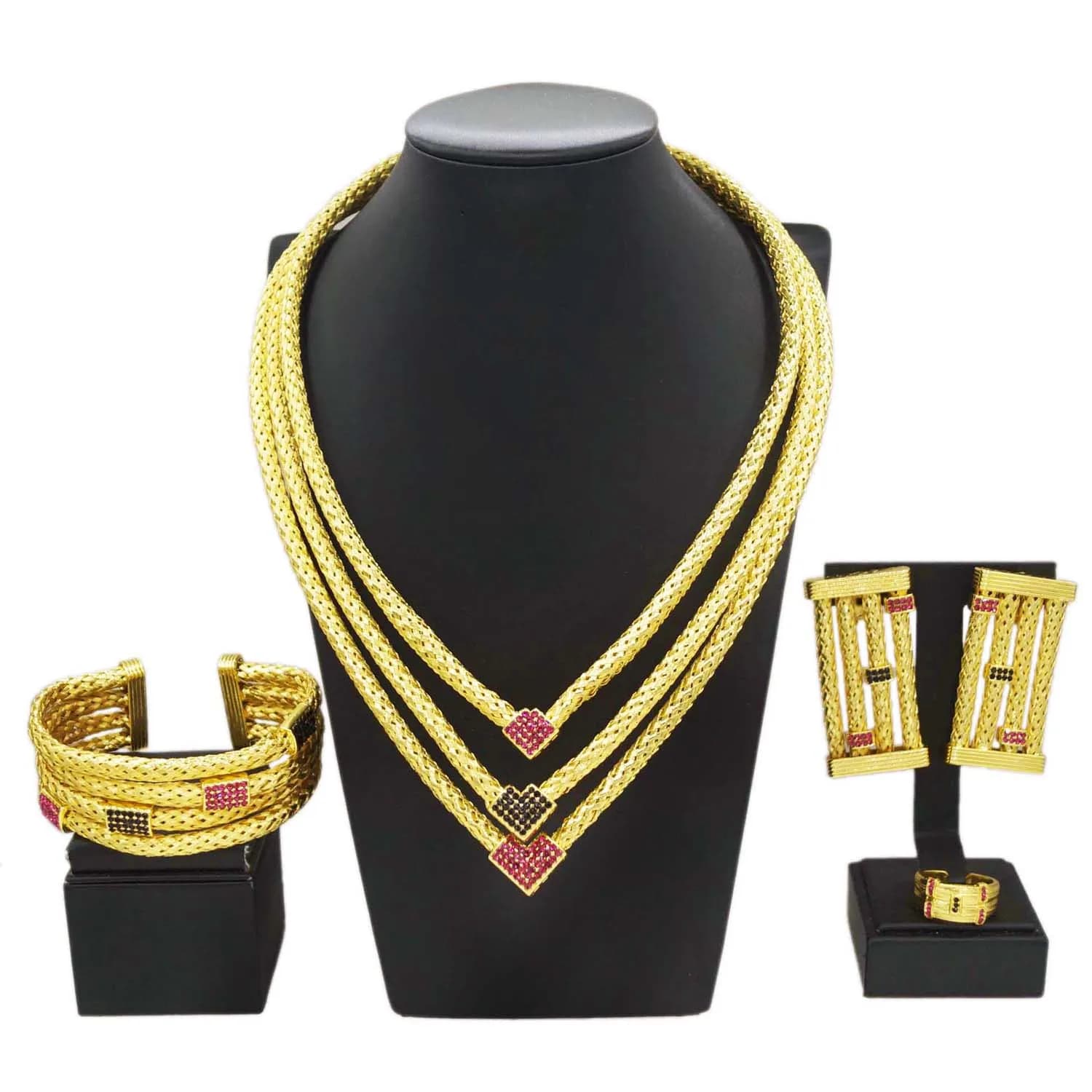 Bijoux plaqués or 24 carats pour femme, collier plaqué or coloré, boucles d'oreilles carrées, bracel