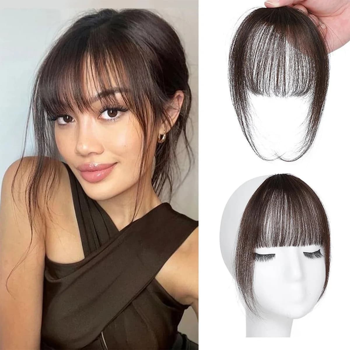 Frange française vaporeuse de cheveux humains avec des tempes, accessoires pour cheveux à frange inc