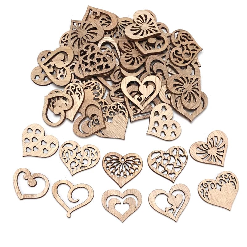 50pcs coeur copeaux de bois naturel ajouré en bois bricolage artisanat Scrapbook embellissements sus