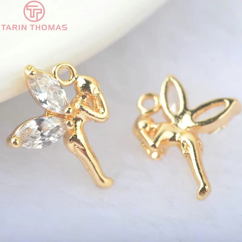 (1375) 6 pièces de pendentifs breloques fée en laiton couleur or 24K avec zircon, 11x13,5MM, accesso