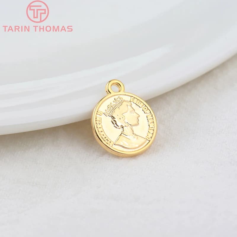 Breloques en laiton doré 24 carats, 10 pièces, trou de 11x833mm, 1mm, pièce de monnaie de la reine d