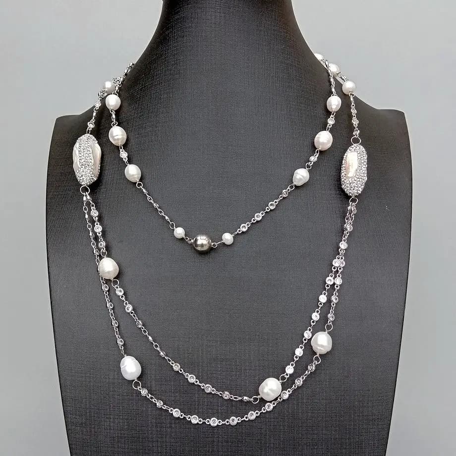 Y · YING-Chapelet en perles de culture blanches Biwa, Cz Pave JONecklace Long, Bijoux fantaisie, 40"