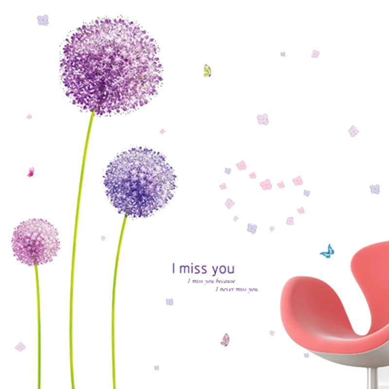 Autocollants muraux romantiques en forme de pissenlit violet, décoration d'intérieur rose, autocolla