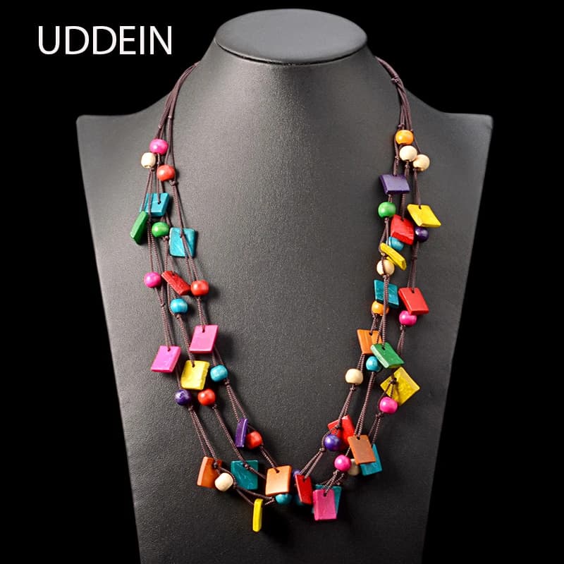 UDDEIN bohême déclaration collier et pendentif multicouche perles bois pendentif Long collier Vintag