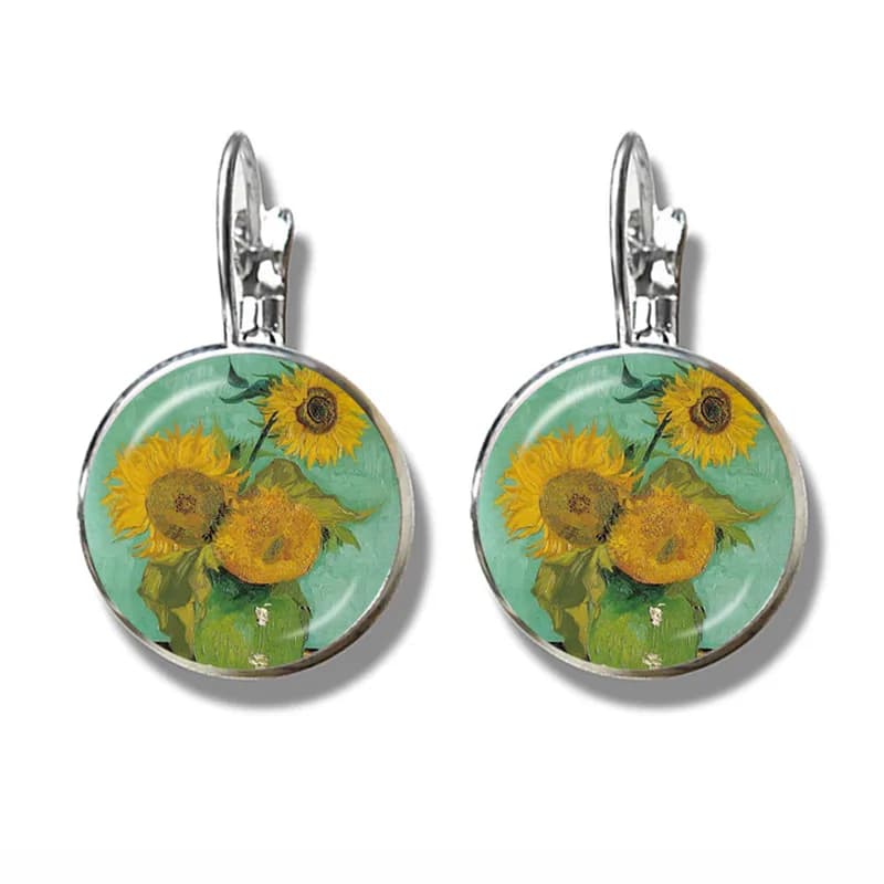 Van Gogh tournesols Art Vintage solver-plaqué boucles d'oreilles verre Cabochon dôme boucles d'oreil