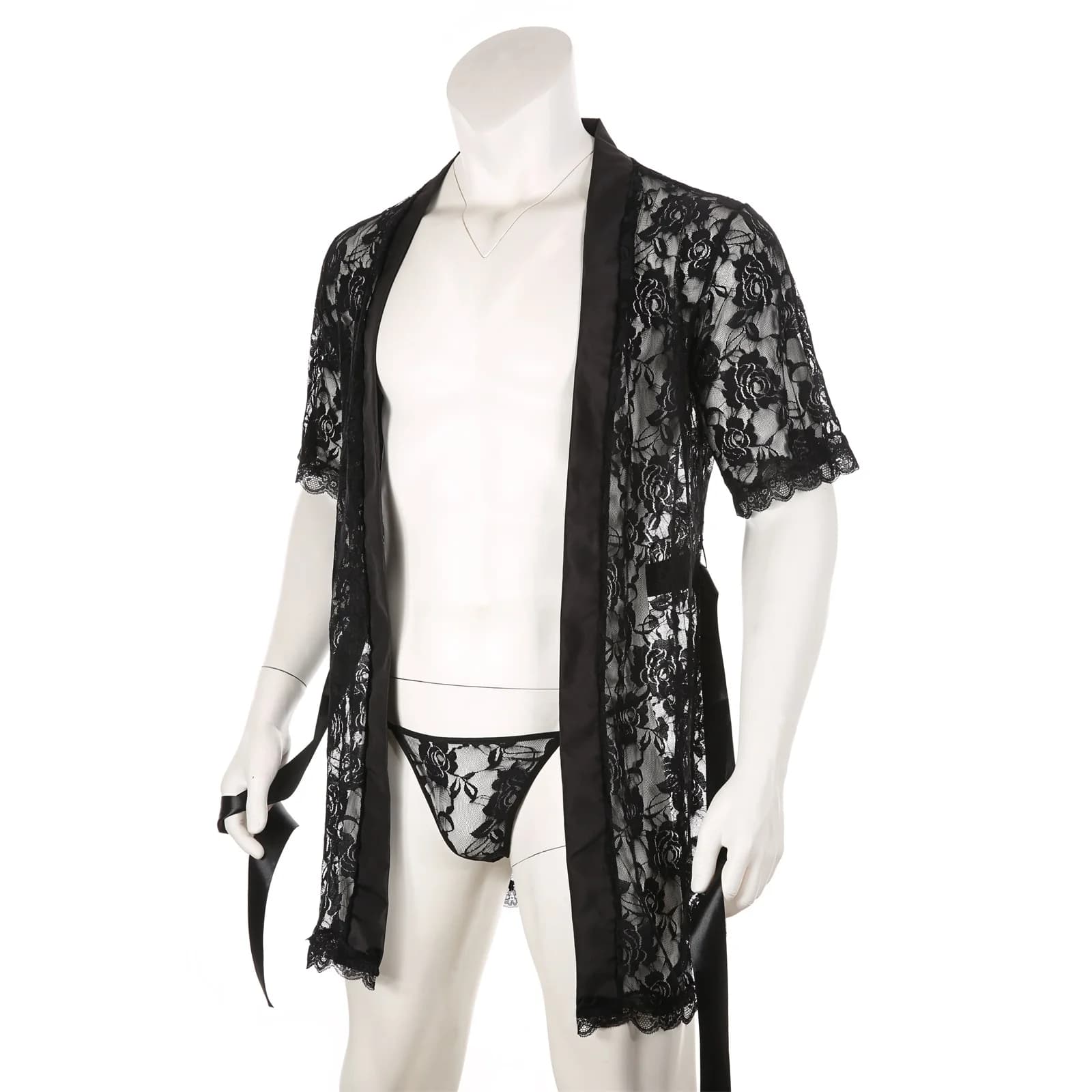 Peignoir en dentelle pour hommes, longue Robe Sexy, vêtements de nuit, Kimono, chemise de nuit ample