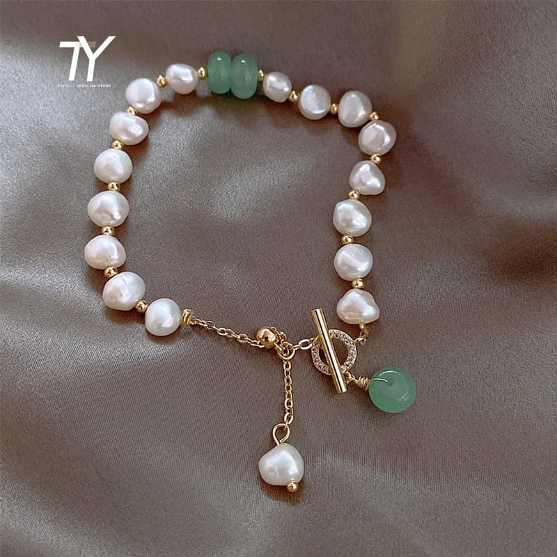 Bracelet de perles naturelles de luxe en cristal vert Baroque, bijoux de mode coréenne pour filles d