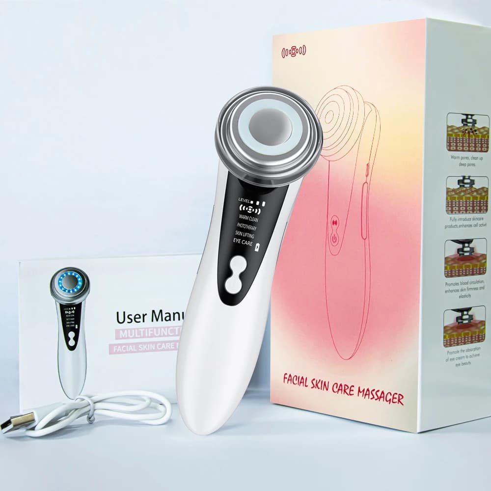 Masseur facial EMS, instrument de beauté pour le visage avec vibration induite et compresse chaude,